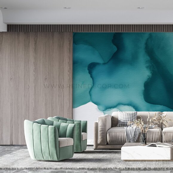 Teal and Blue Watercolor Wallpaper | Artistic Ocean-Inspired Decor - Picture 3 of 9